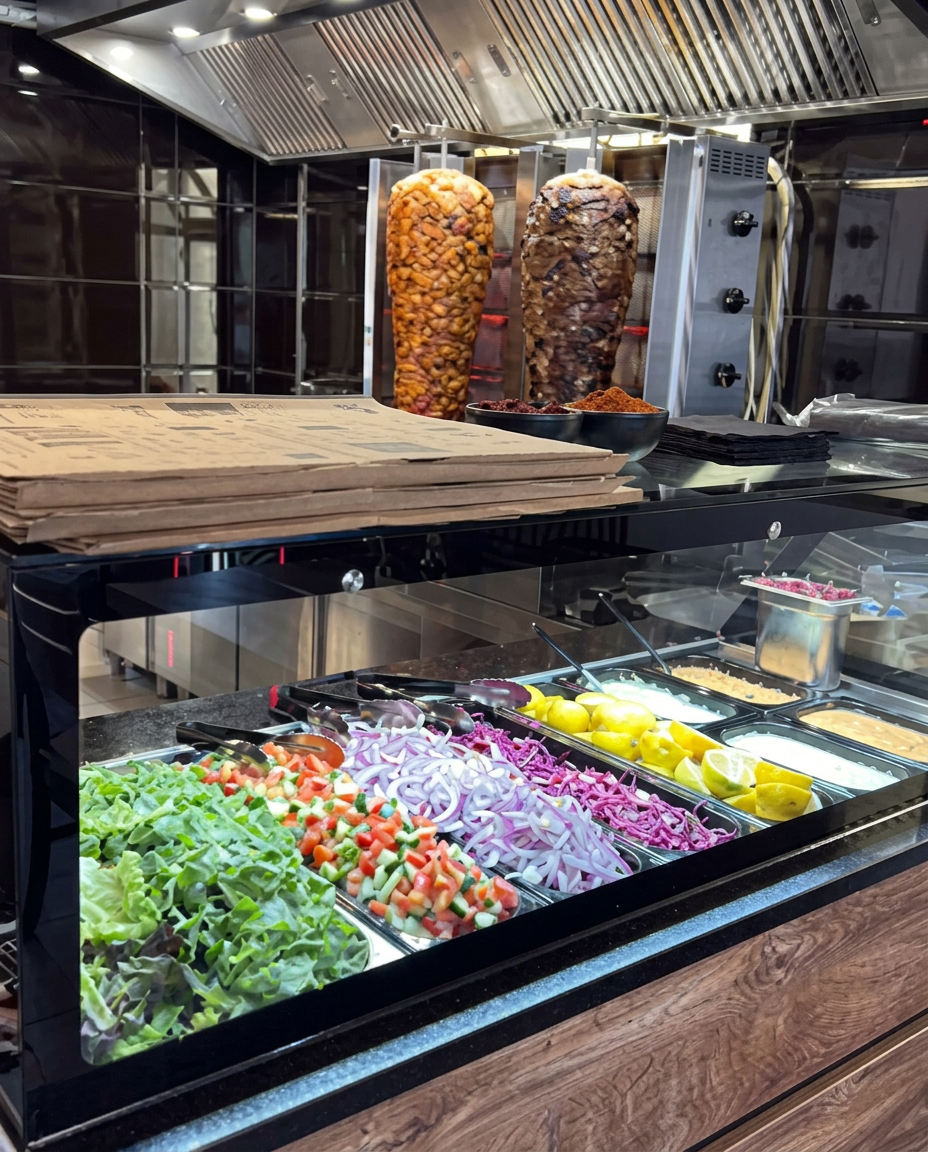 Dönerspieße und frische Salattheke in der Küche von Tasty Riviera